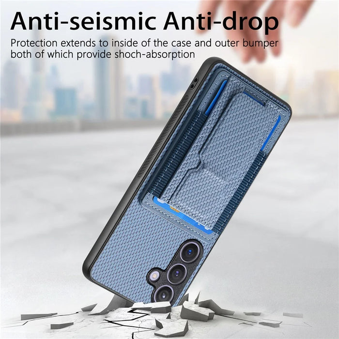 For Samsung Galaxy S25+ Case with Card Holder Kickstand Fiber Pattern Leather Back Cover - Blue - 7