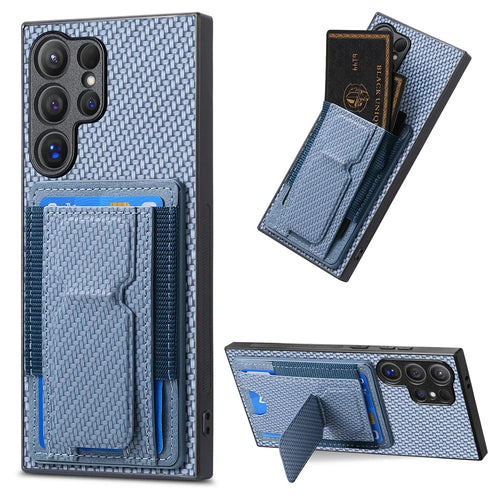 For Samsung Galaxy S25 Ultra Case with Card Holder Kickstand Fiber Pattern Leather Back Cover - Blue - 1