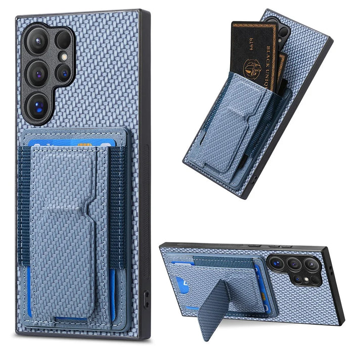 For Samsung Galaxy S25 Ultra Case with Card Holder Kickstand Fiber Pattern Leather Back Cover - Blue - 1