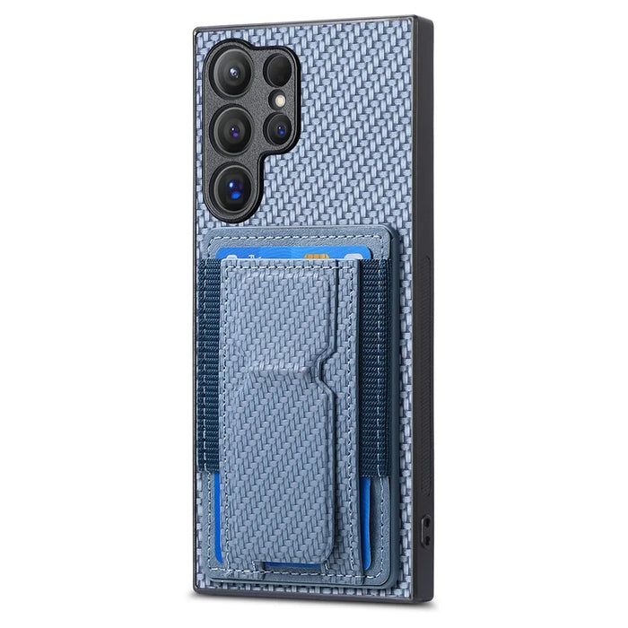 For Samsung Galaxy S25 Ultra Case with Card Holder Kickstand Fiber Pattern Leather Back Cover - Blue - 2