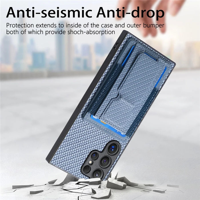 For Samsung Galaxy S25 Ultra Case with Card Holder Kickstand Fiber Pattern Leather Back Cover - Blue - 7