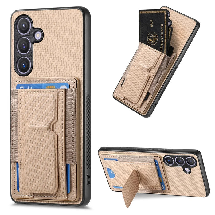 For Samsung Galaxy S25 Case with Card Holder Kickstand Fiber Pattern Leather Back Cover - Beige - 1
