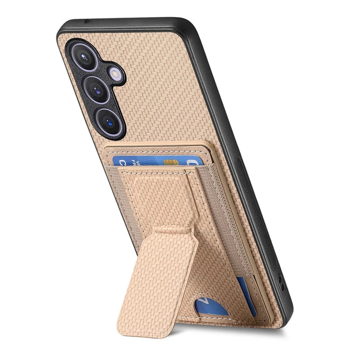 For Samsung Galaxy S25 Case with Card Holder Kickstand Fiber Pattern Leather Back Cover - Beige - 3
