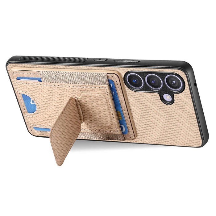 For Samsung Galaxy S25 Case with Card Holder Kickstand Fiber Pattern Leather Back Cover - Beige - 4