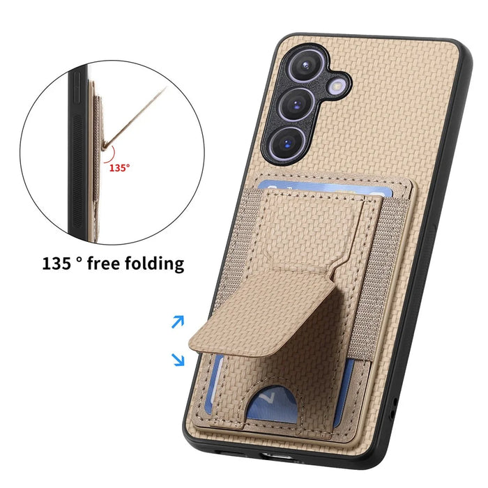 For Samsung Galaxy S25 Case with Card Holder Kickstand Fiber Pattern Leather Back Cover - Beige - 5