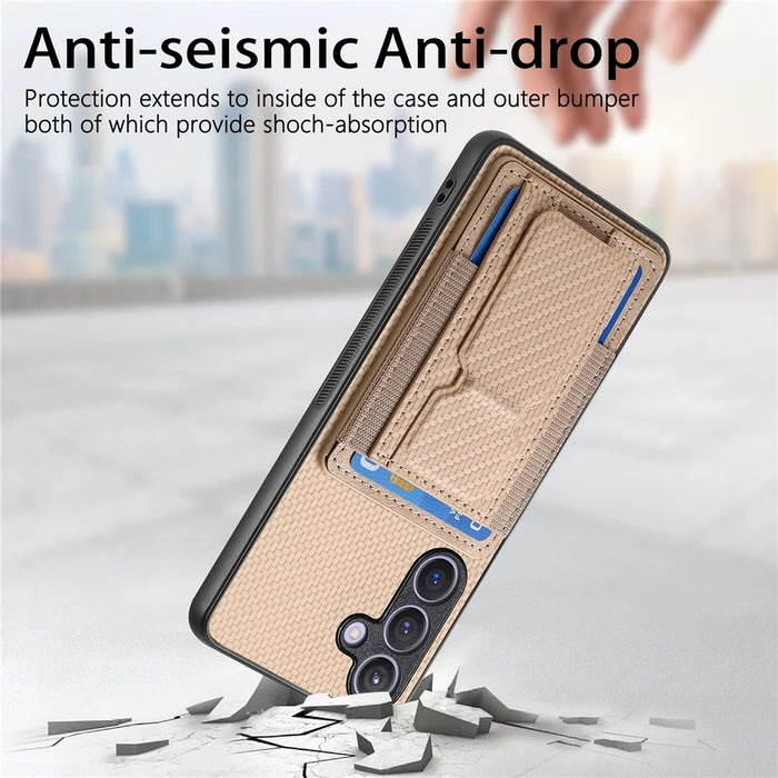 For Samsung Galaxy S25 Case with Card Holder Kickstand Fiber Pattern Leather Back Cover - Beige - 6