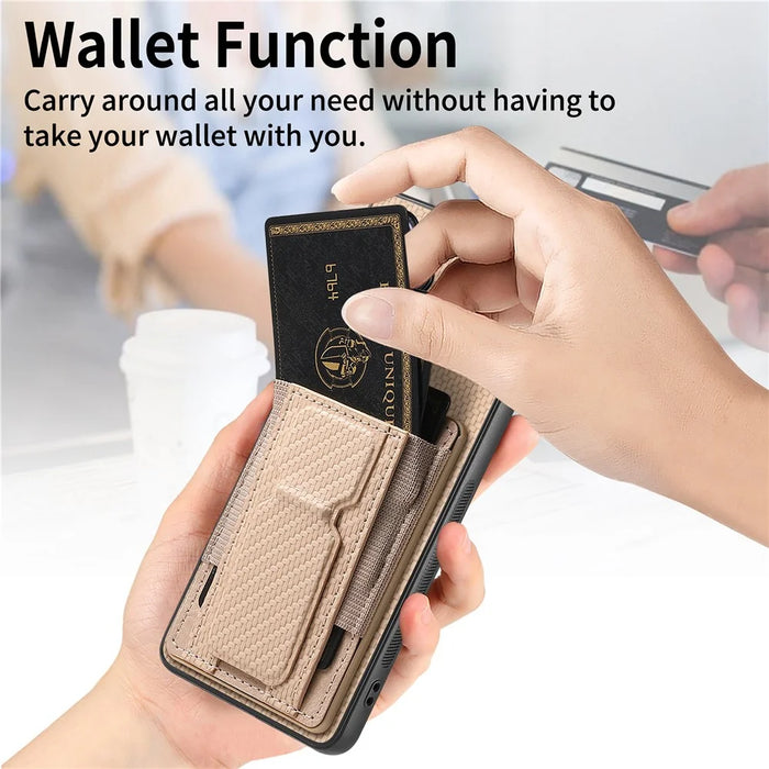 For Samsung Galaxy S25 Case with Card Holder Kickstand Fiber Pattern Leather Back Cover - Beige - 7