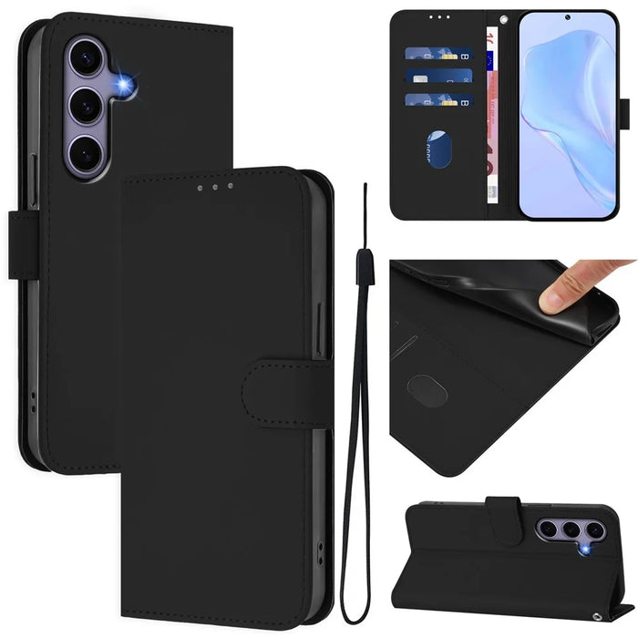 For Samsung Galaxy S24 / Galaxy S25 Case Solid Color Wallet Leather Phone Cover with Strap - Black - 2