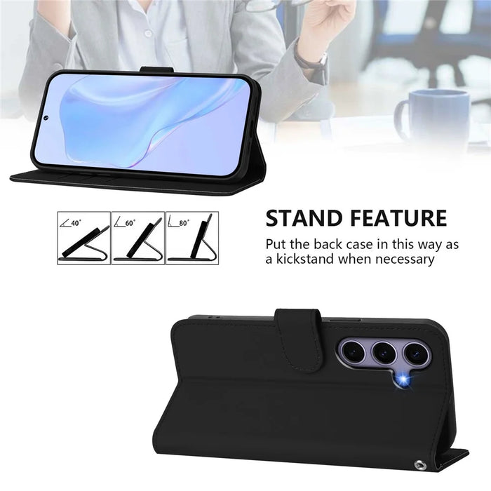 For Samsung Galaxy S24 / Galaxy S25 Case Solid Color Wallet Leather Phone Cover with Strap - Black - 3