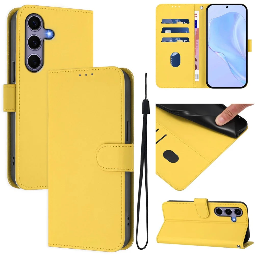 For Samsung Galaxy S24+ / Galaxy S25+ Case Solid Color Wallet Leather Phone Cover with Strap - Lemon - 2