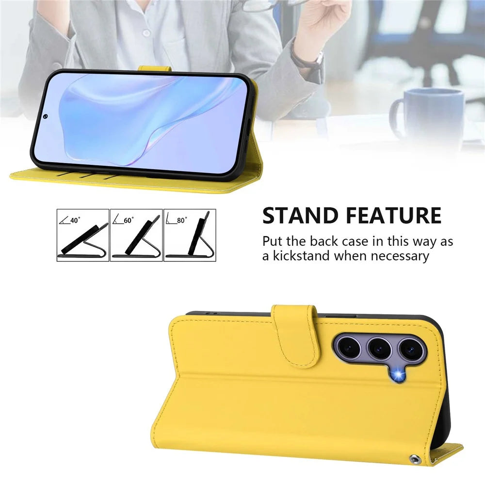 For Samsung Galaxy S24+ / Galaxy S25+ Case Solid Color Wallet Leather Phone Cover with Strap - Lemon - 3