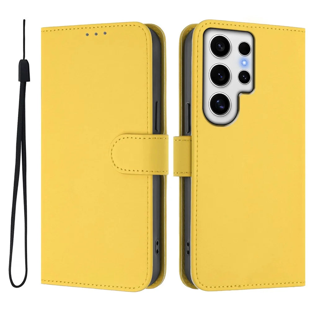 For Samsung Galaxy S24 Ultra Case Solid Color Wallet Leather Phone Cover with Strap - Lemon - 1