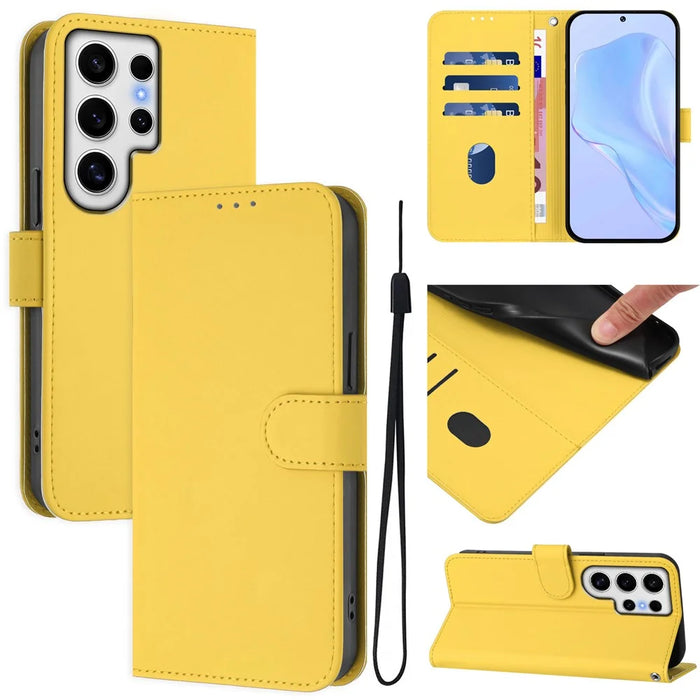 For Samsung Galaxy S24 Ultra Case Solid Color Wallet Leather Phone Cover with Strap - Lemon - 2