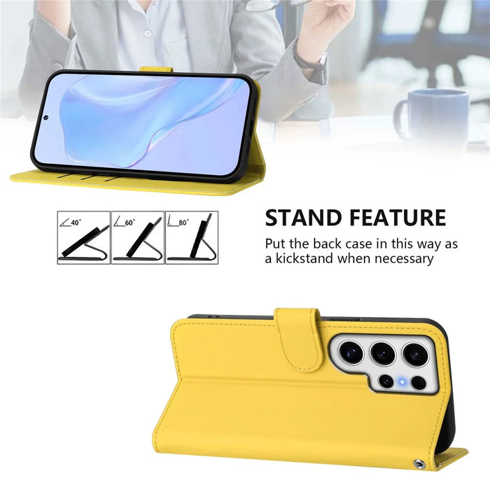 For Samsung Galaxy S24 Ultra Case Solid Color Wallet Leather Phone Cover with Strap - Lemon - 3