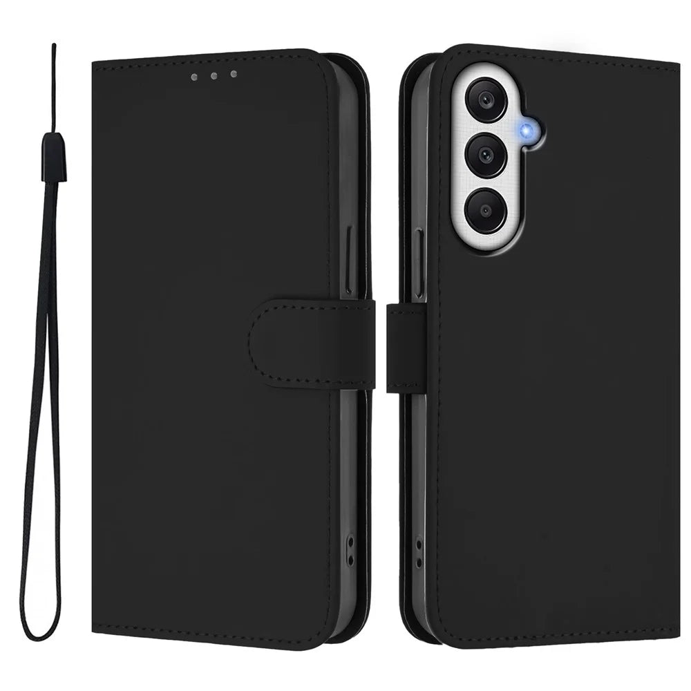 For Samsung Galaxy A37 5G / A56 5G / A36 5G Case Solid Color Wallet Leather Phone Cover with Strap - Black - 2