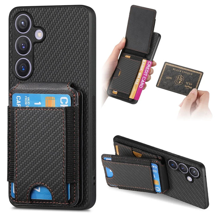 For Samsung Galaxy S25+ Case with Card Holder Kickstand Leather Back Cover - Black - 1