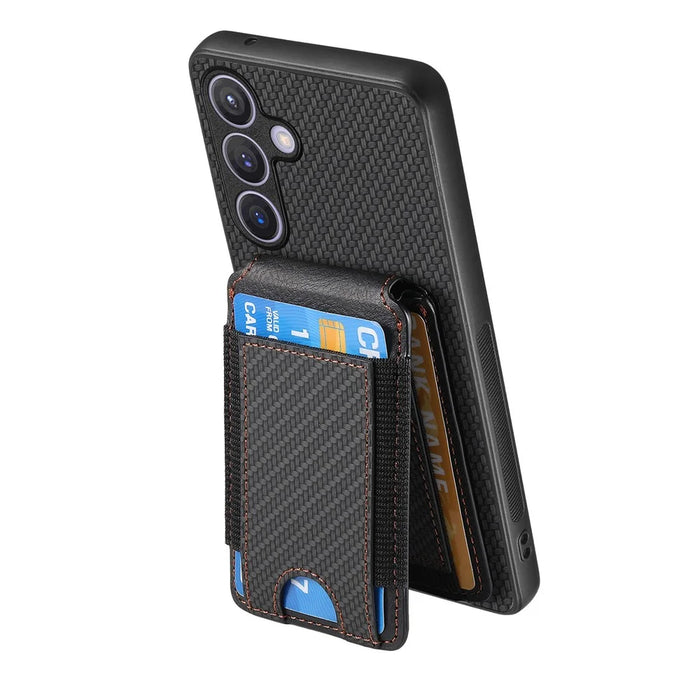 For Samsung Galaxy S25+ Case with Card Holder Kickstand Leather Back Cover - Black - 3