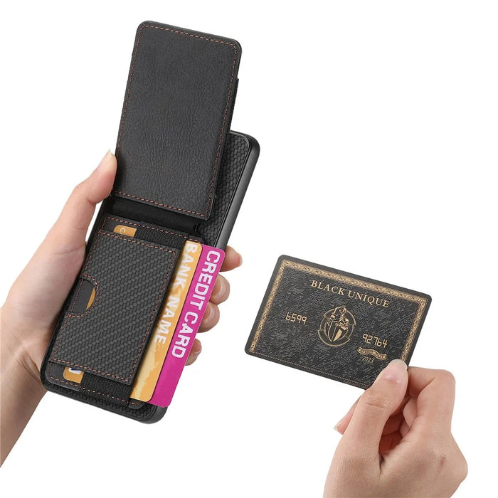 For Samsung Galaxy S25+ Case with Card Holder Kickstand Leather Back Cover - Black - 4