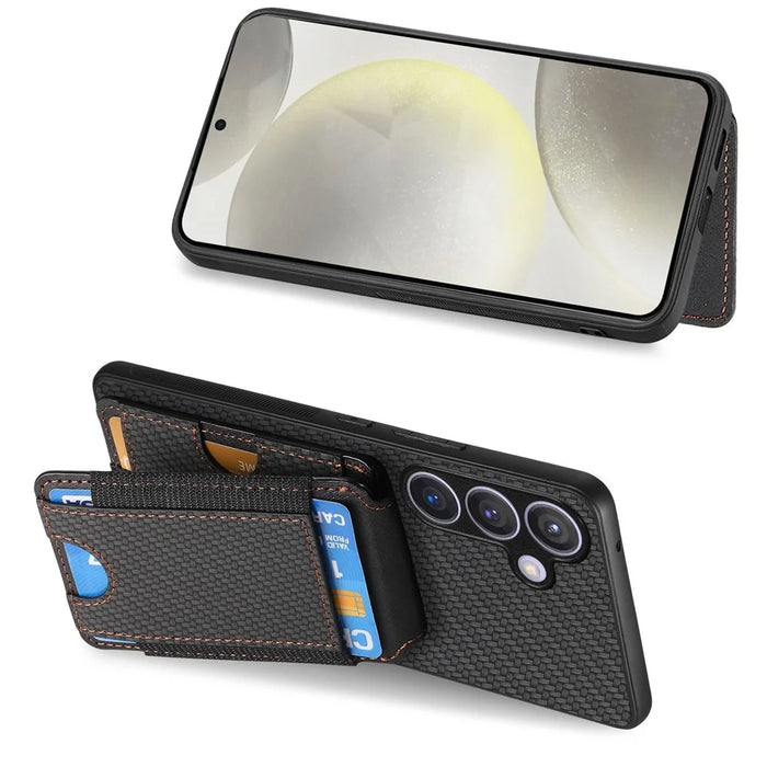 For Samsung Galaxy S25+ Case with Card Holder Kickstand Leather Back Cover - Black - 5
