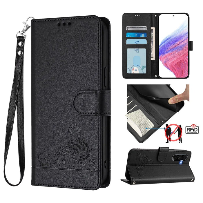 For Samsung Galaxy A16 4G / Galaxy A16 5G Case with Strap RFID Blocking Leather Wallet Phone Cover Cat Mouse Pattern - Black - 1
