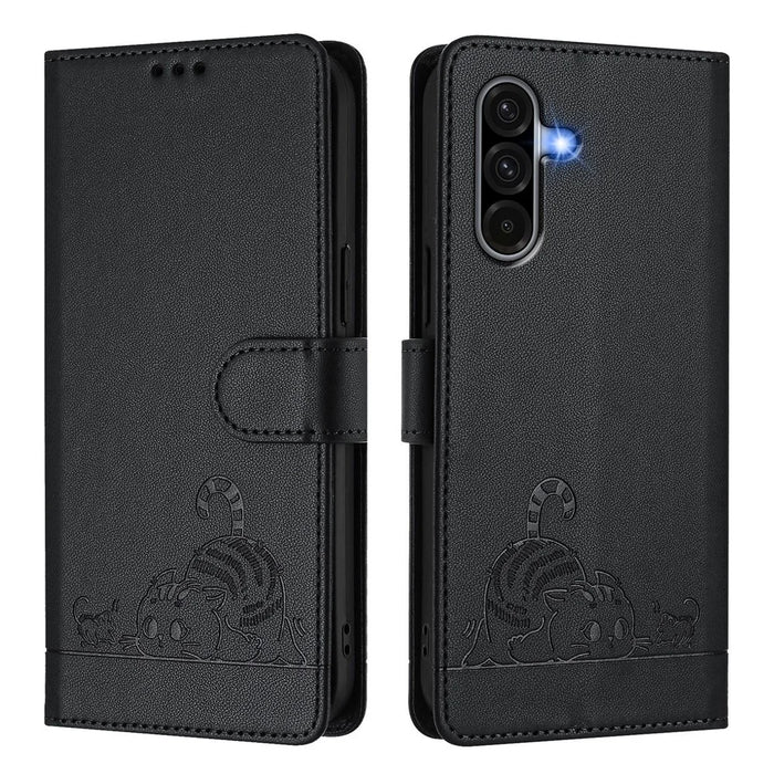 For Samsung Galaxy A16 4G / Galaxy A16 5G Case with Strap RFID Blocking Leather Wallet Phone Cover Cat Mouse Pattern - Black - 2