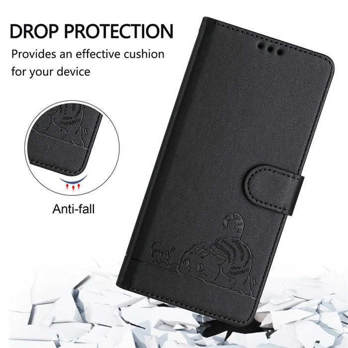 For Samsung Galaxy A16 4G / Galaxy A16 5G Case with Strap RFID Blocking Leather Wallet Phone Cover Cat Mouse Pattern - Black - 6
