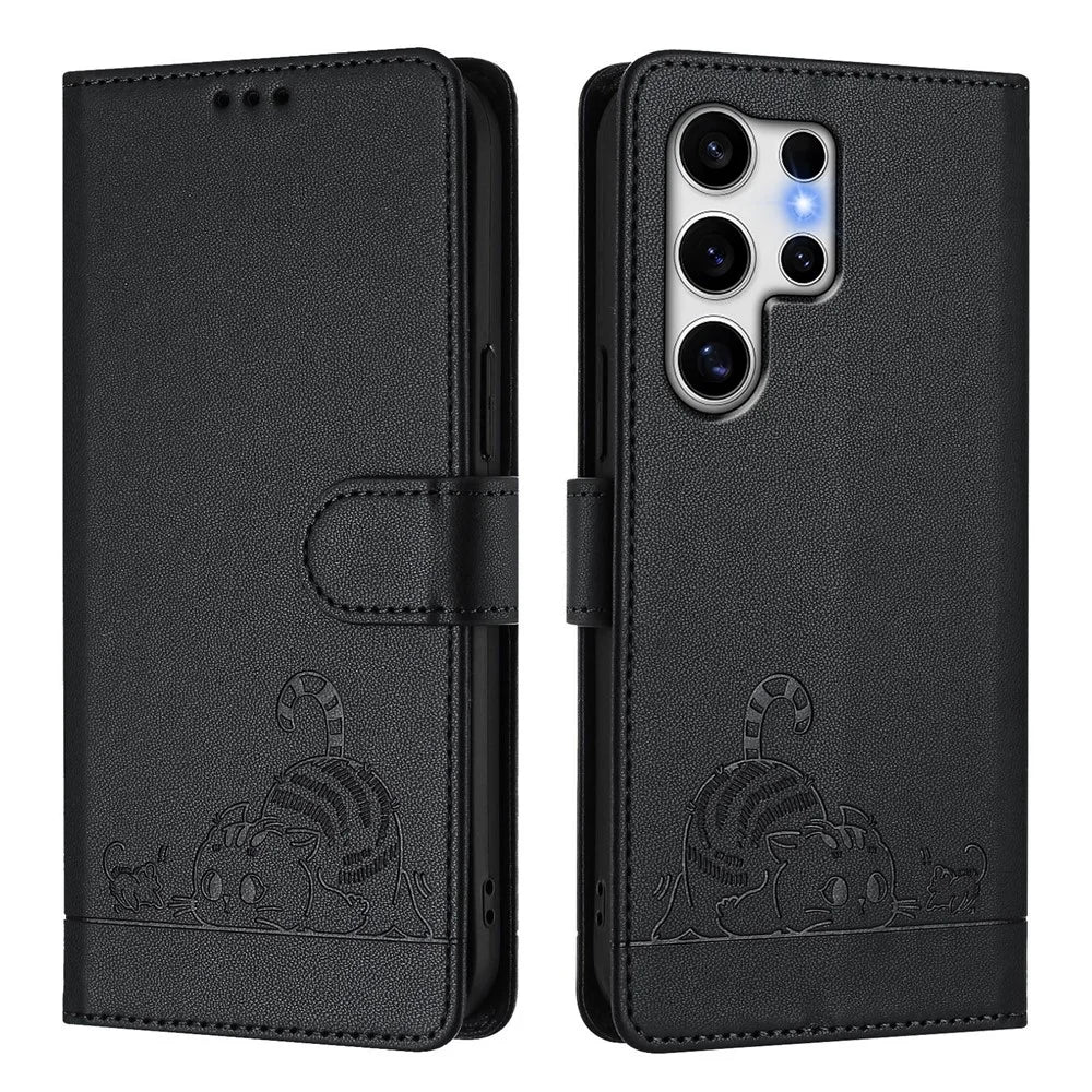 For Samsung Galaxy S25 Ultra Case with Strap RFID Blocking Leather Wallet Phone Cover Cat Mouse Pattern - Black - 2