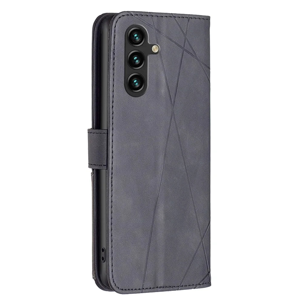 BINFEN COLOR For Samsung Galaxy A26 5G Phone Cases Wallet Stand Geometry Imprint Leather Cover - Black - 5
