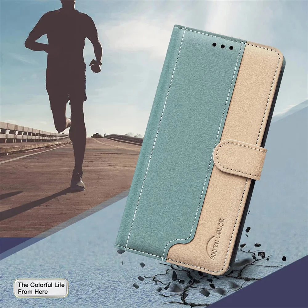 BINFEN COLOR BF33 for Samsung Galaxy A26 5G Leather Case Splicing Color RFID Blocking - Green - 6