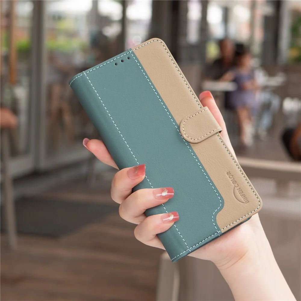 BINFEN COLOR BF33 for Samsung Galaxy A26 5G Leather Case Splicing Color RFID Blocking - Green - 7
