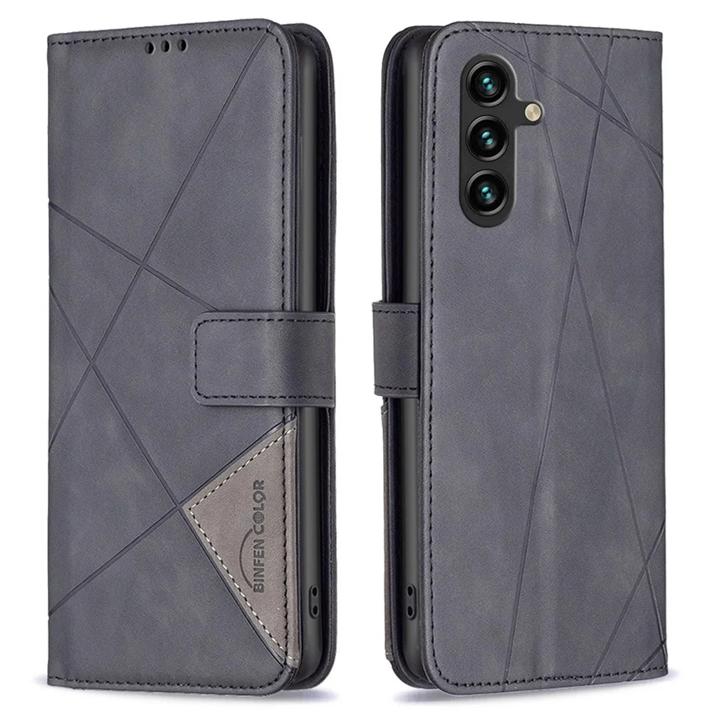BINFEN COLOR For Samsung Galaxy A56 5G Phone Cases Wallet Stand Geometry Imprint Leather Cover - Black - 1