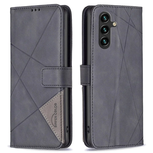 BINFEN COLOR For Samsung Galaxy A56 5G Phone Cases Wallet Stand Geometry Imprint Leather Cover - Black - 1
