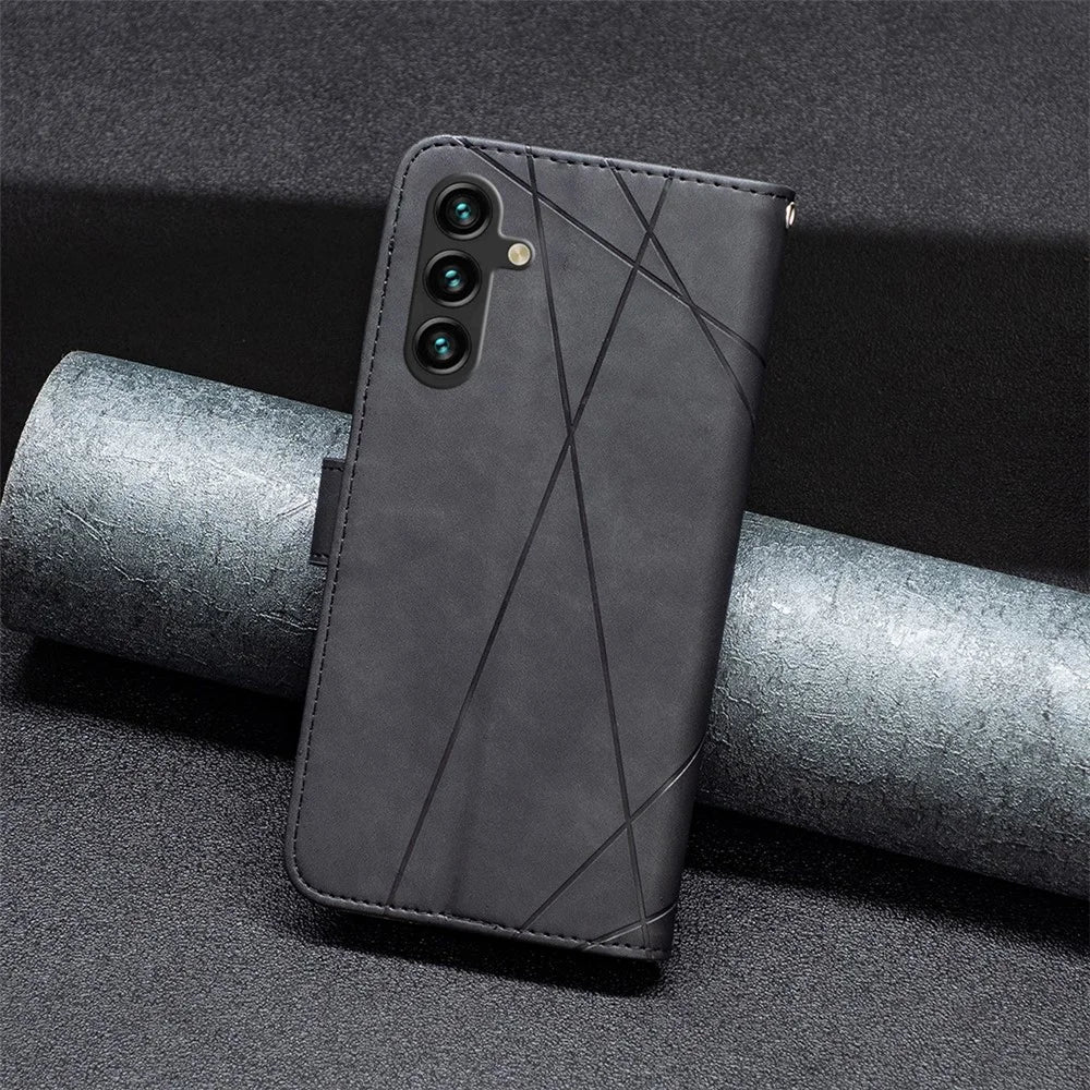 BINFEN COLOR For Samsung Galaxy A56 5G Phone Cases Wallet Stand Geometry Imprint Leather Cover - Black - 6