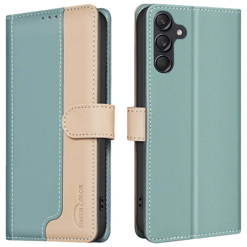 BINFEN COLOR BF33 for Samsung Galaxy A56 5G Leather Case Splicing Color RFID Blocking - Green - 1