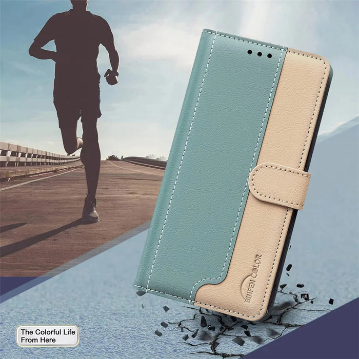 BINFEN COLOR BF33 for Samsung Galaxy A56 5G Leather Case Splicing Color RFID Blocking - Green - 6