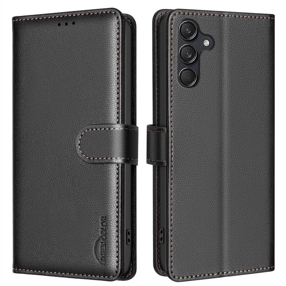 BINFEN COLOR BF32 For Samsung Galaxy A56 5G Leather Case Wallet RFID Blocking Phone Cover - Black - 1