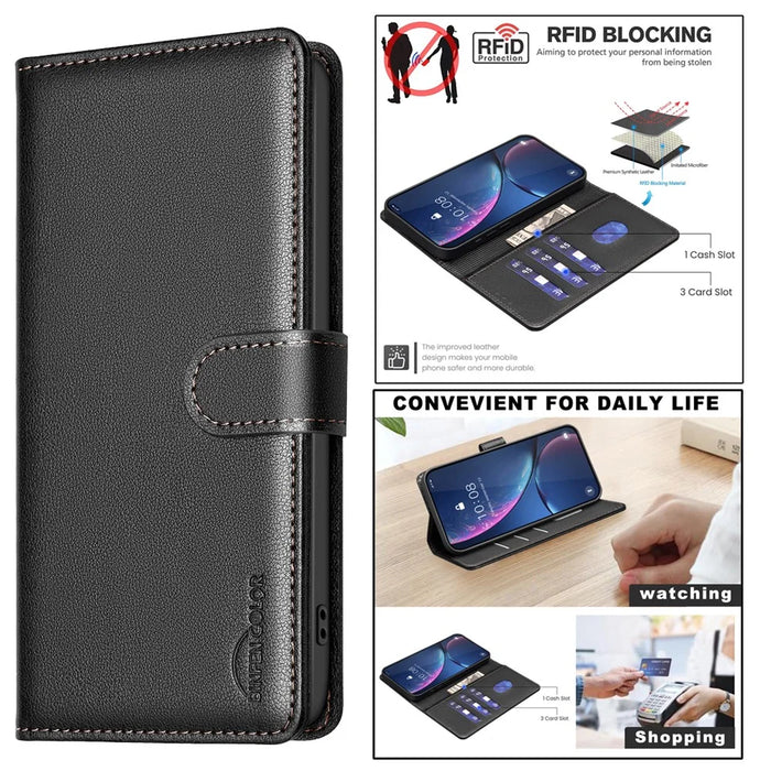 BINFEN COLOR BF32 For Samsung Galaxy A56 5G Leather Case Wallet RFID Blocking Phone Cover - Black - 5