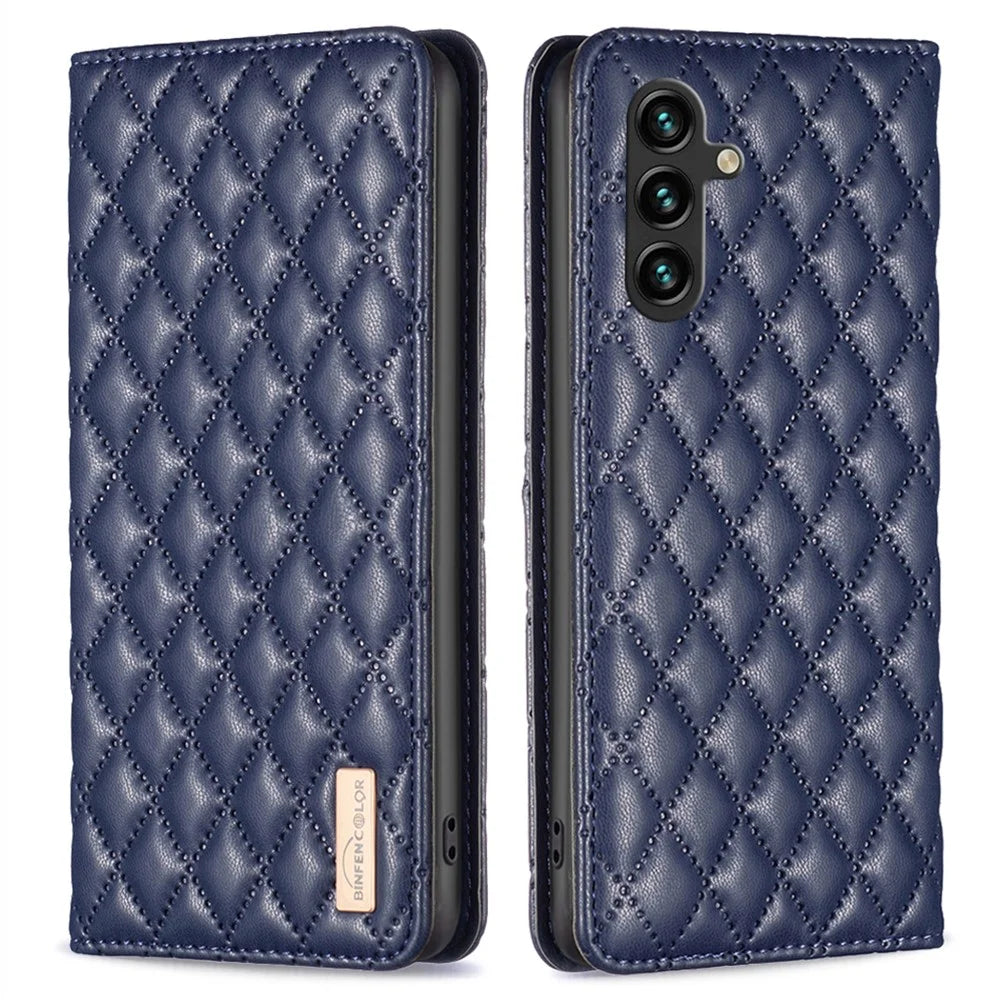 BINFEN COLOR BF Style-16 For Samsung Galaxy A56 5G Case Card Slots Rhombus Leather Cover - Blue - 1