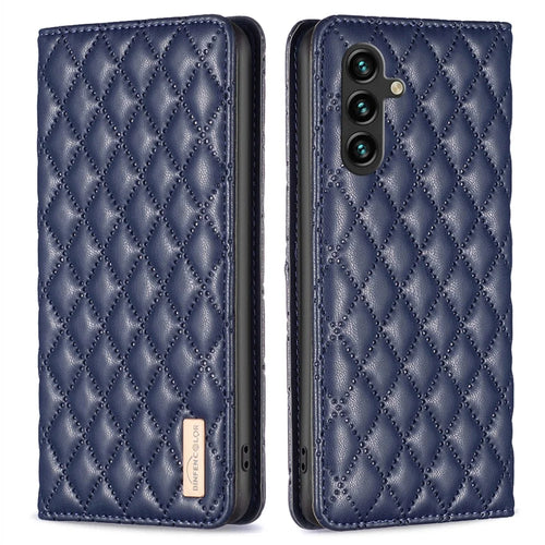 BINFEN COLOR BF Style-16 For Samsung Galaxy A56 5G Case Card Slots Rhombus Leather Cover - Blue - 1