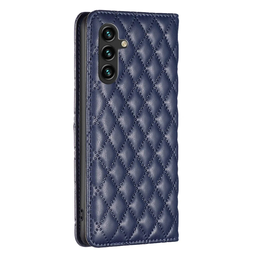 BINFEN COLOR BF Style-16 For Samsung Galaxy A56 5G Case Card Slots Rhombus Leather Cover - Blue - 7