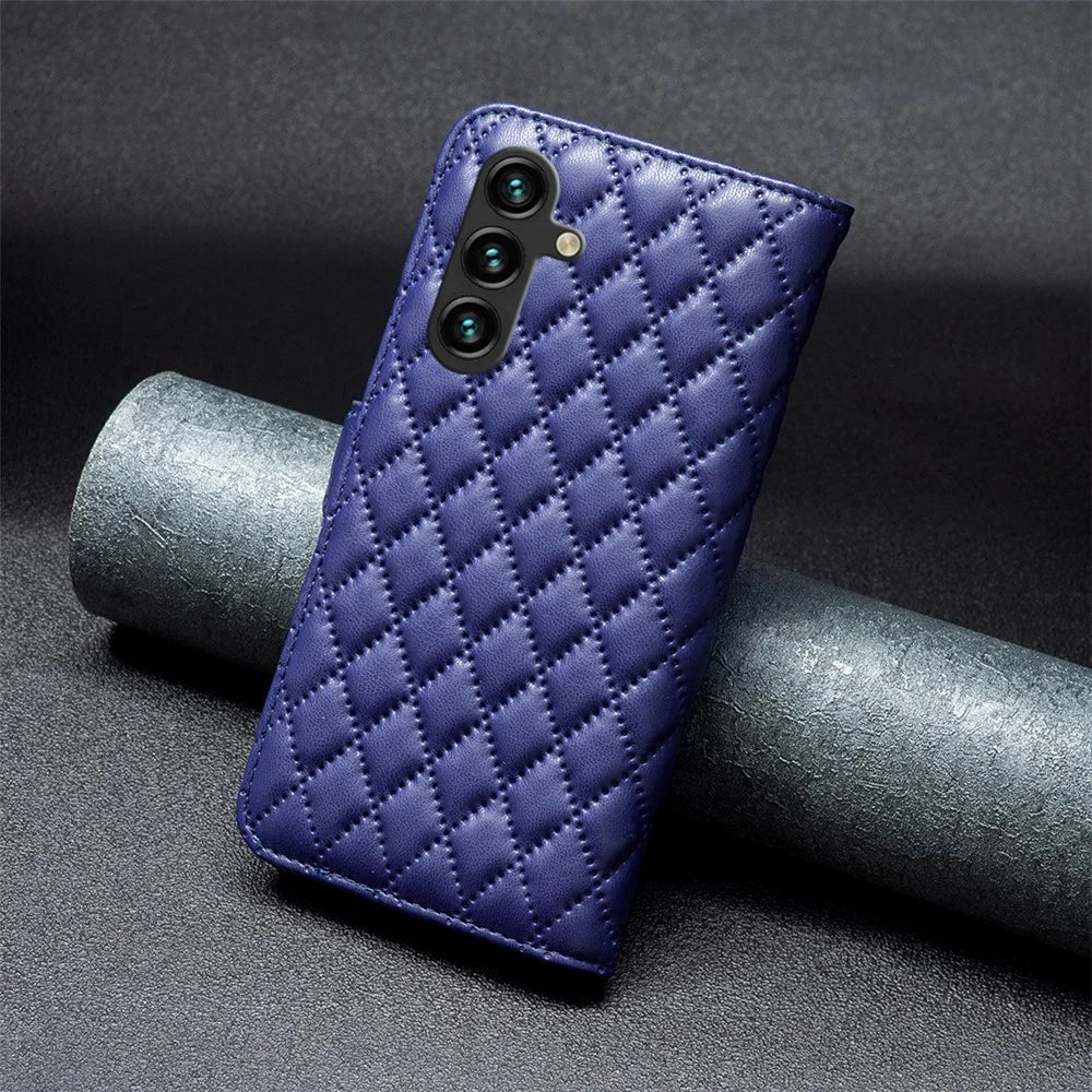 BINFEN COLOR BF Style-14 For Samsung Galaxy A56 5G Case Rhombus Phone Leather Cover Stand - Blue - 7