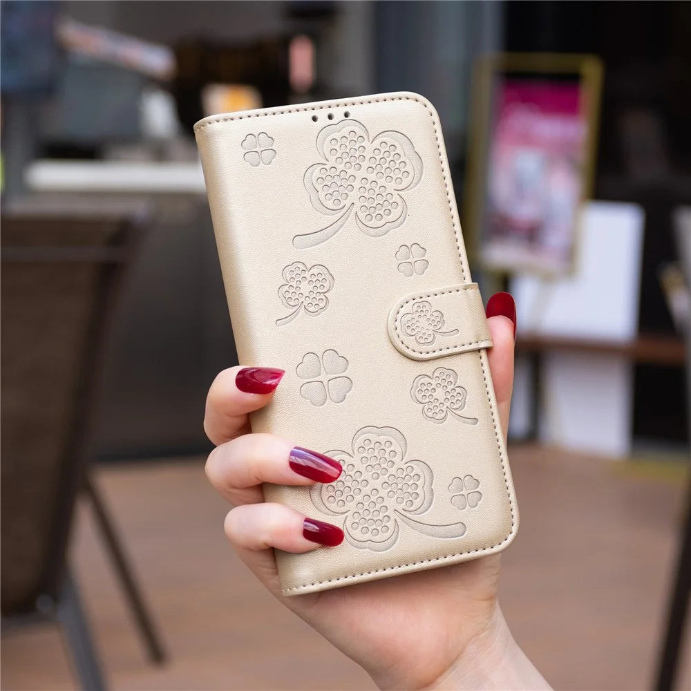 For Samsung Galaxy A56 5G Case Clover Pattern Wallet Stand View Leather Phone Cover - Gold - 6