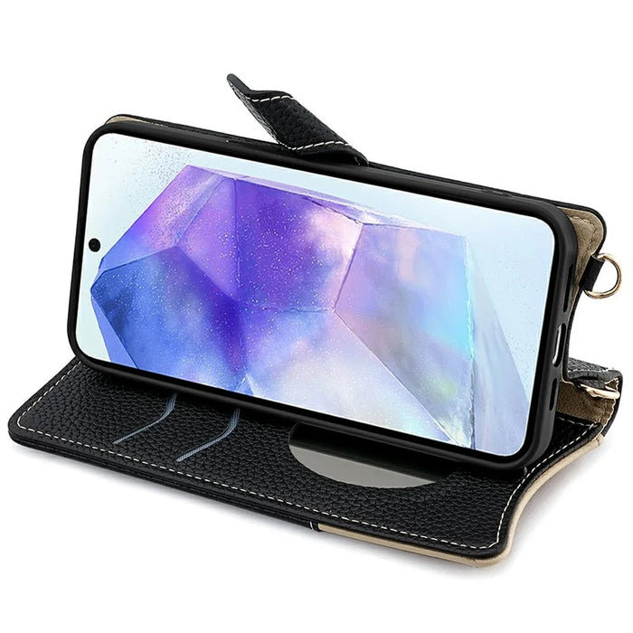 For Samsung Galaxy A56 5G Leather Case Wallet Stand Cover Irregular Tail Style with Chain Strap - Black - 3