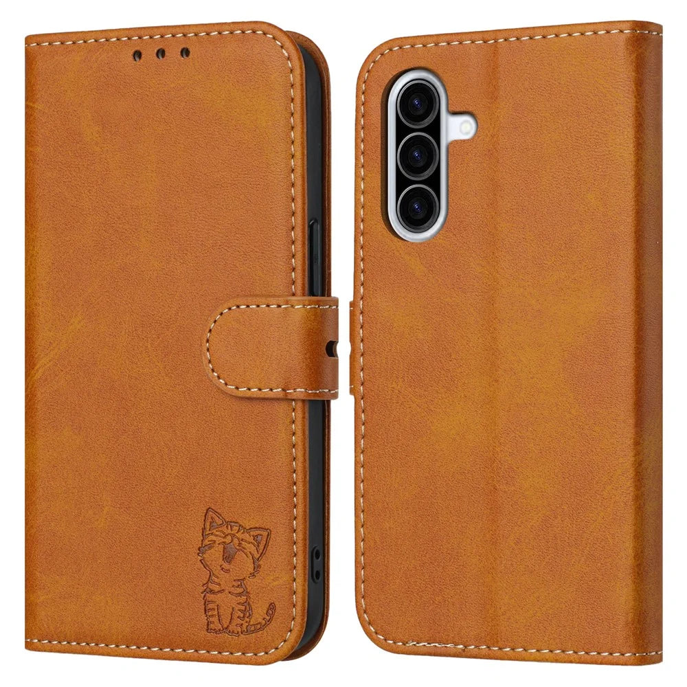 For Samsung Galaxy A36 5G Case Happy Cat Pattern Imprinted Leather Wallet Phone Cover - Yellow - 1