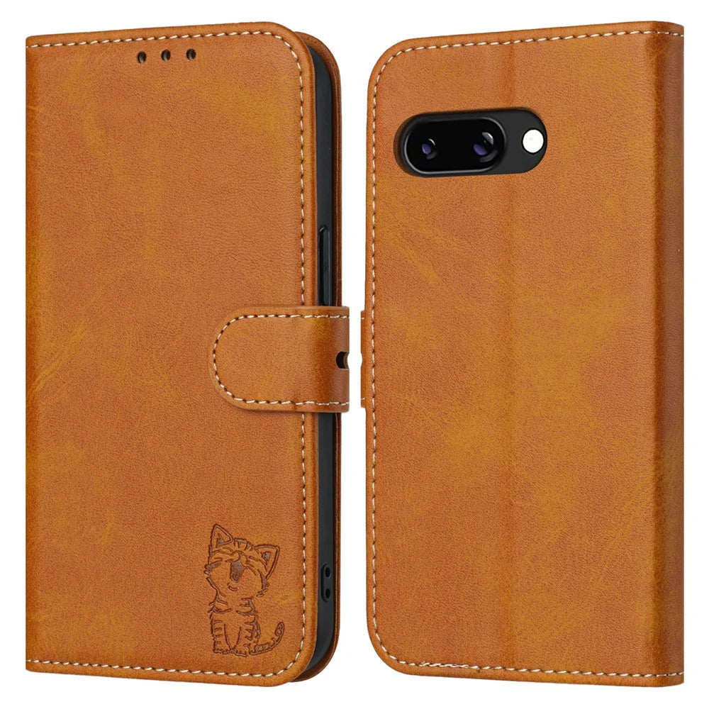 For Google Pixel 9a Case Happy Cat Pattern Imprinted Leather Wallet Phone Cover - Yellow - 1