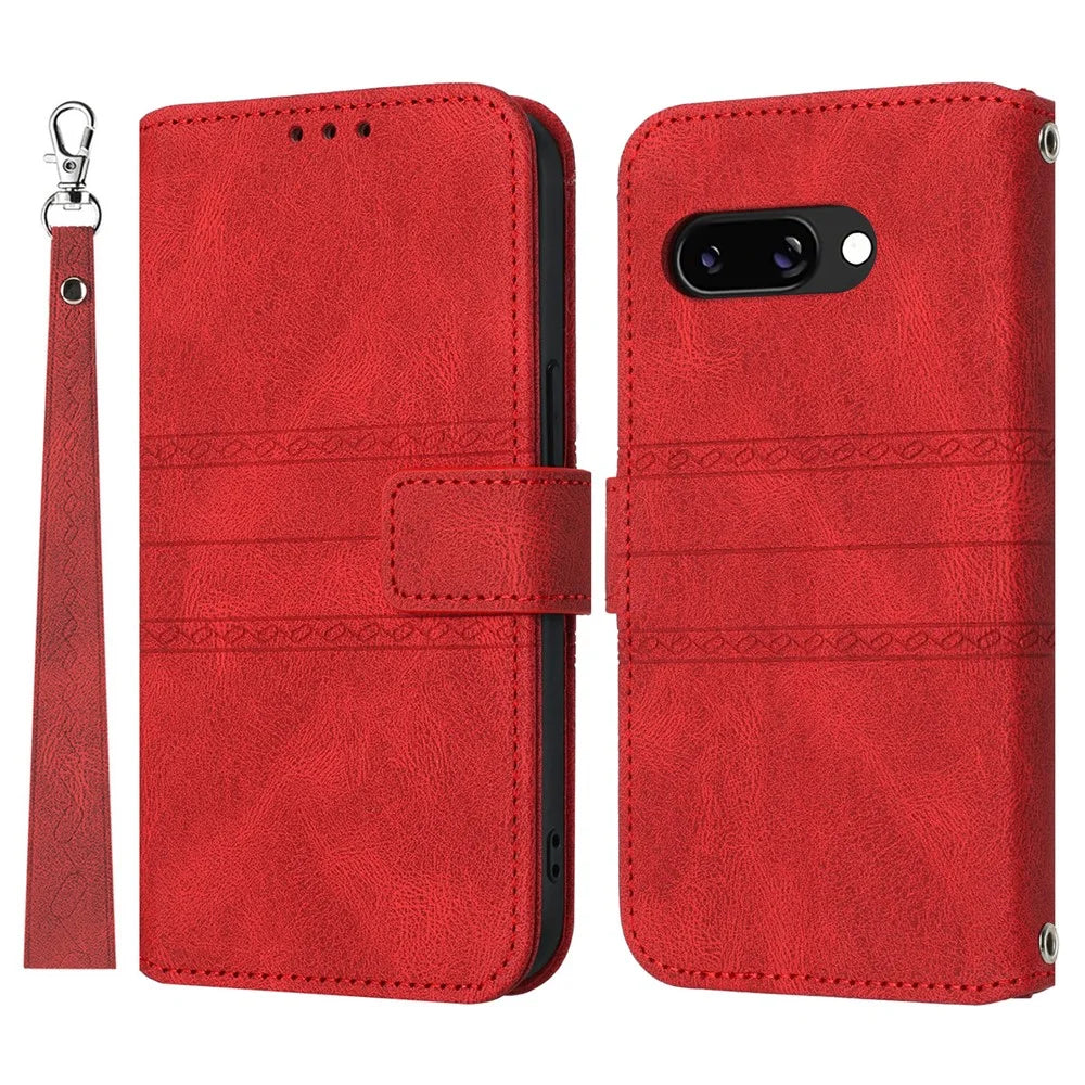 For Google Pixel 9a Case Wallet Skin-Touch Leather Imprinted Phone Cover - Red - 1