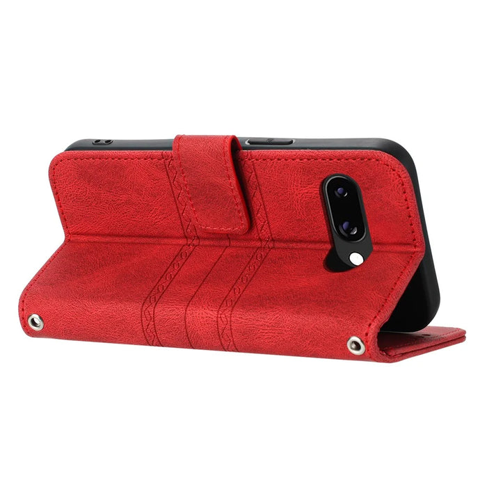 For Google Pixel 9a Case Wallet Skin-Touch Leather Imprinted Phone Cover - Red - 3
