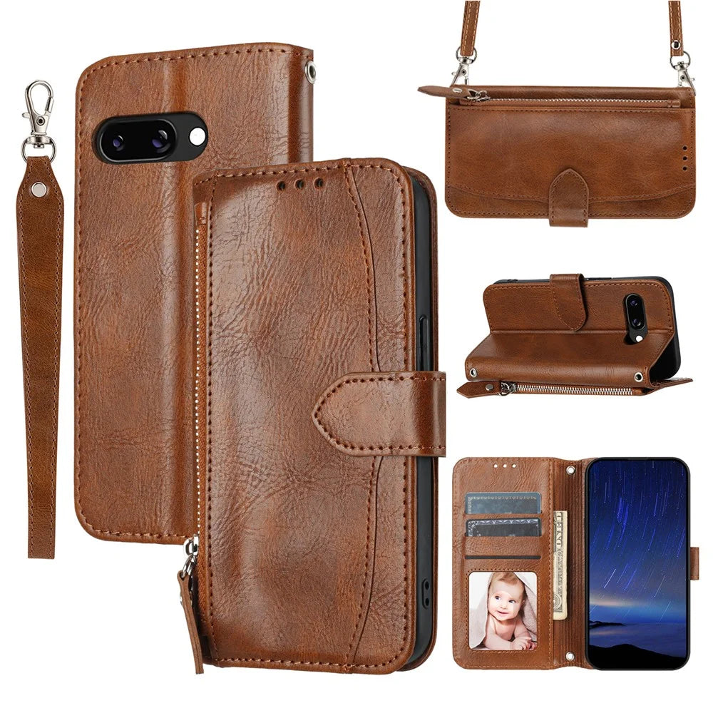 For Google Pixel 9a Case Zipper Pocket Leather Phone Cover with Crossbody Shoulder Strap - Brown - 1