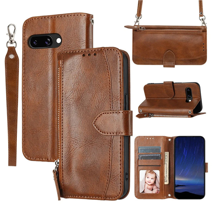 For Google Pixel 9a Case Zipper Pocket Leather Phone Cover with Crossbody Shoulder Strap - Brown - 1