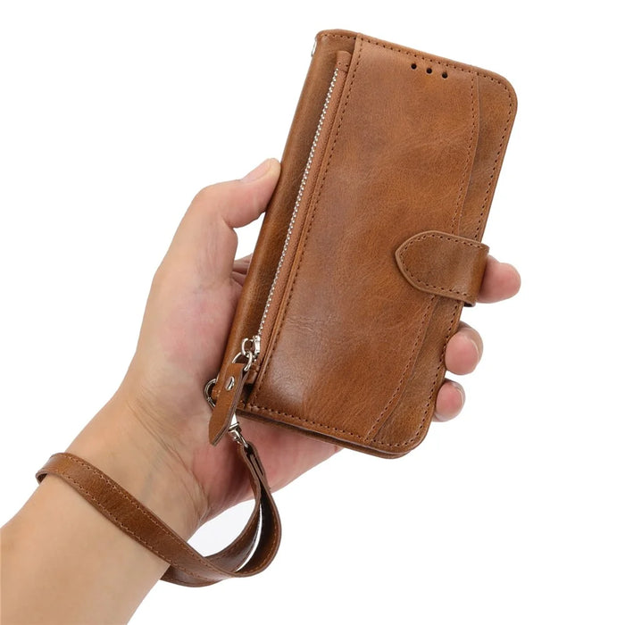 For Google Pixel 9a Case Zipper Pocket Leather Phone Cover with Crossbody Shoulder Strap - Brown - 5